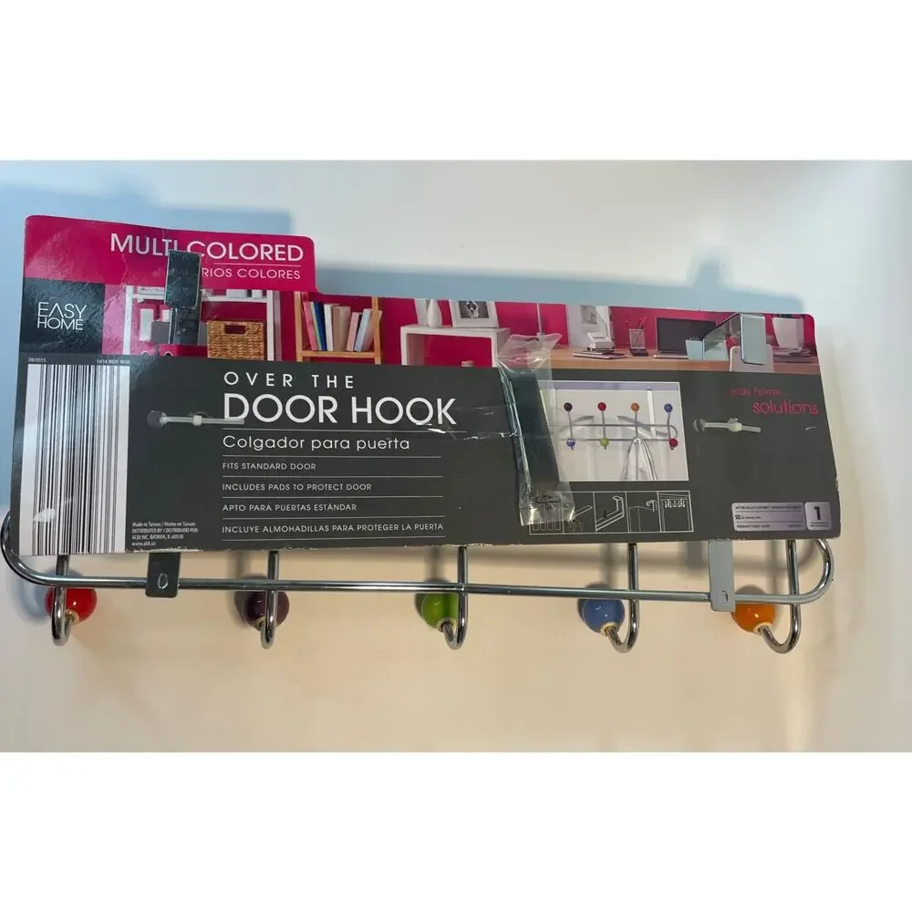 Easy Home Over The Door Hook Rack Hanger 10 Multi Colored Ball Knobs Chrome NEW